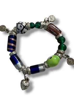 VTG Danforth Pewter Artisan Glass Bead Stretch Charm Bracelet Lampwork Venetian